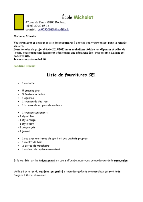 LISTE FOURNITURES CE1