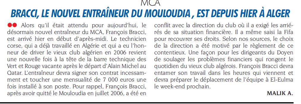 Samedi 5.12.2009 le nouvel Entraîneur François Bracci est à Alger
