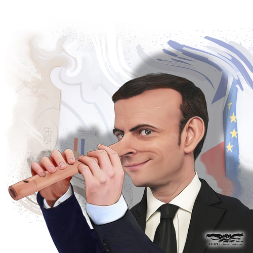 dessin de JERC dessinateur et texte d'ALI MORO du lundi 17 avril 2023 Caricature Emmanuel Macron allocution -Il nous a dans le pif-