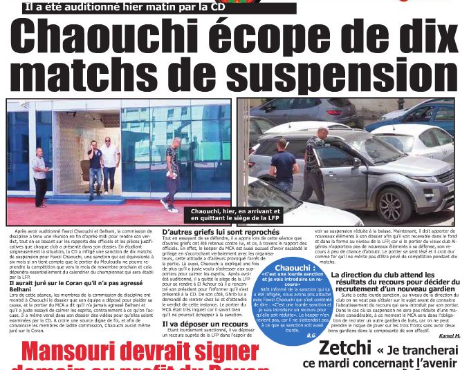 Lundi 6.6.2016 1erjour du Ramadhan Chaouchi suspendu 10 matches a cause des incidents contre l'ESS d