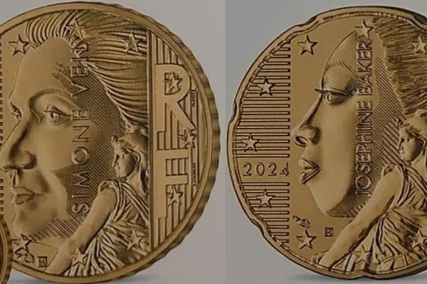 À gauche, le portrait de Simone Veil ornait les pièces de 10 centimes, Joséphine Baker est quant à elle présente sur les pièces de 20 centimes, mais cette monnaie ne circulera jamais sous cet forme parmi le public à cause d'un design retoqué par les autorités européennes.