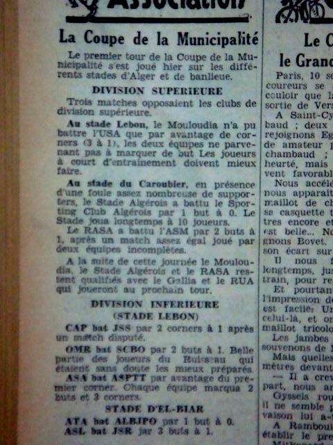 Dimanche 10.9.1933 stade lebon coupe municipalité MCA-USA 0-0 (qualifié 3-1 aux corners)