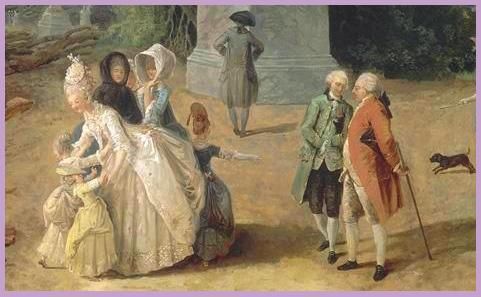 (Ausschnitt) "Le Tapis Vert au moment de l´abattage des arbres", in den Gärten von Versailles - im Vordergrund: Louis XVI. und Marie Antoinette (Winter 1774/75, Hubert Robert)