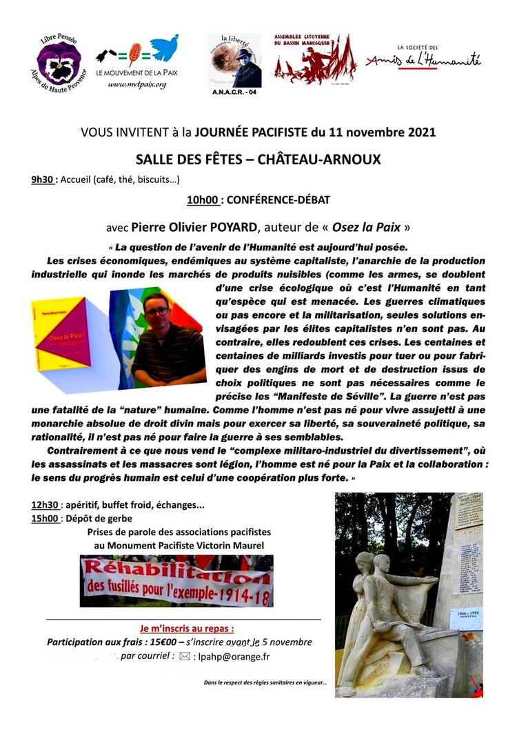 11 NOVEMBRE 21021: INVITATION à la JOURNEE PACIFISTE 04 à CHÂTEAU-ARNOUX!