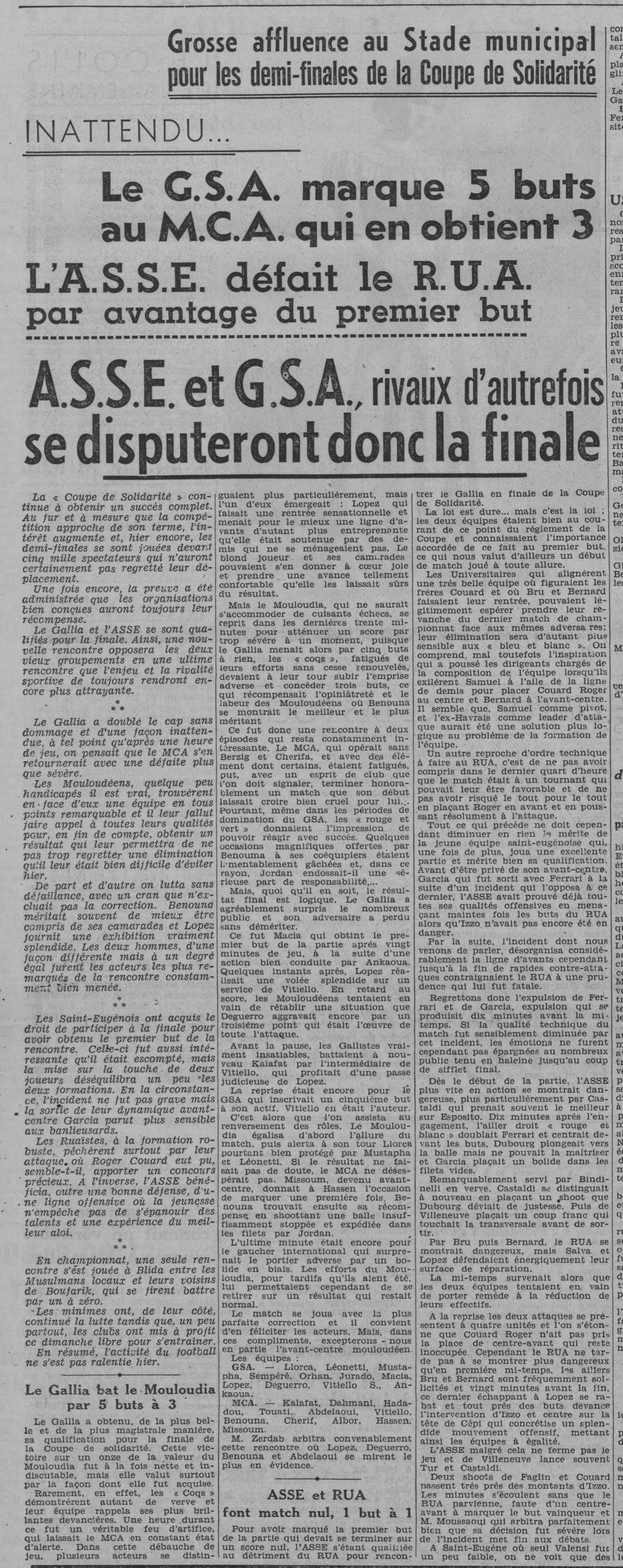 Dimanche 4.2.1940 demi finale coupe solidarité GSA-MCA 5-3