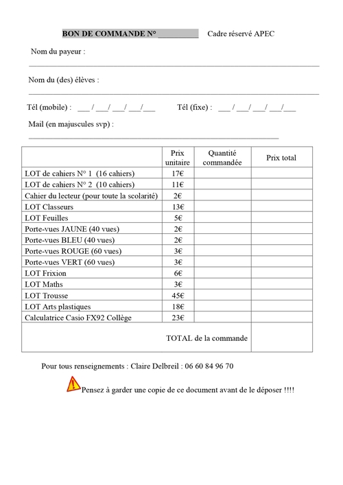 REPORT DATE LIMITE COMMANDE FOURNITURES SCOLAIRES