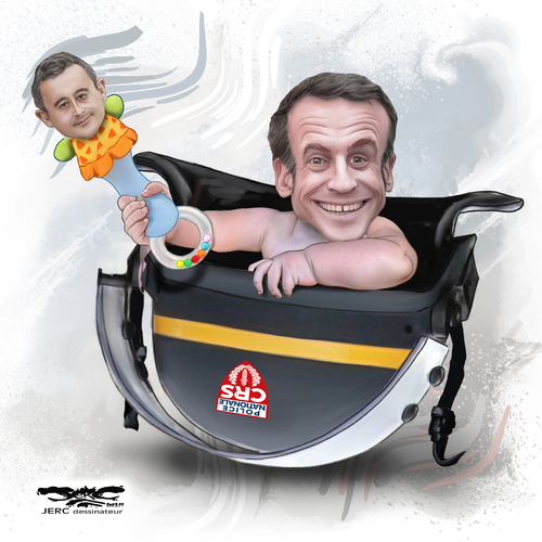 dessin de JERC dessinateur et texte d'ALI MORO du mercredi 1 novembre 2023 Caricature Emmanuel Macron - Faites des morts : Saint pin hochet -  www.facebook.com/jercdessin https://twitter.com/dessingra