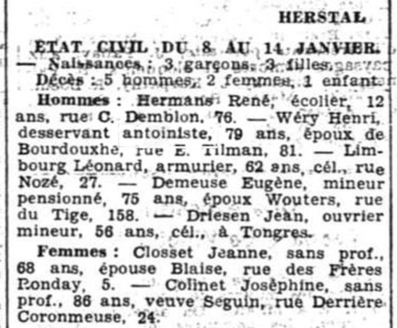 Herstal - État civil (La Meuse, 18 janvier 1939)(Belgicapress)