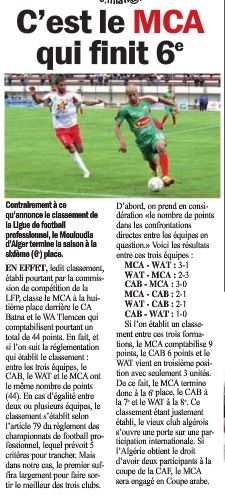 Le MCA en 6ème position