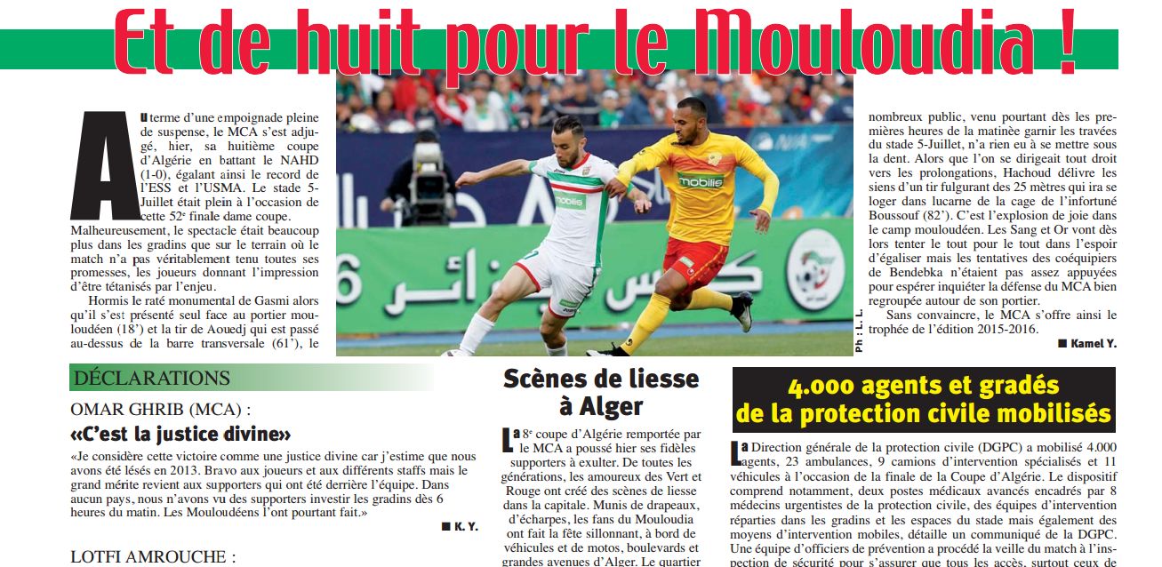 Dimanche 1er mai la finale NAHD-MCA 0-1