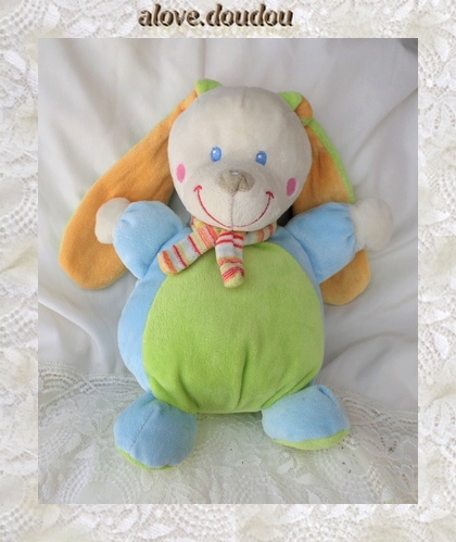 Doudou Peluche Lapin Mots d'Enfants Boule Musical Vert Bleu Echarpe Rayures