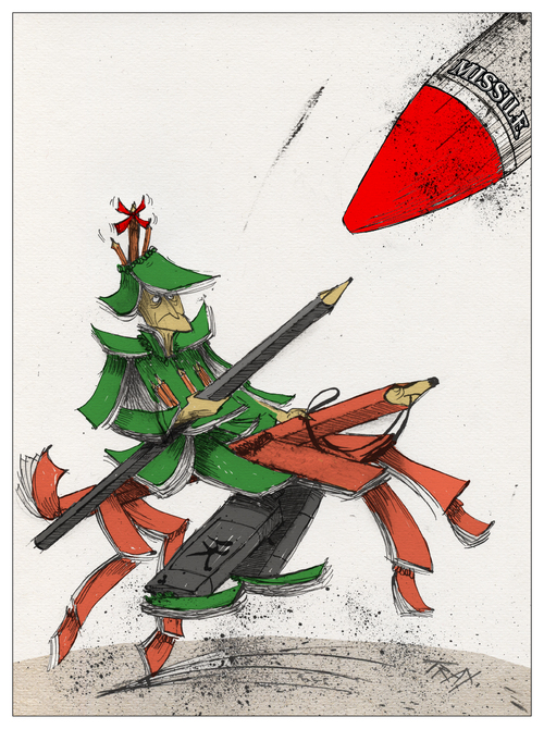 Voltaire "Celui qui tient une plume est en guerre"  dessin de presse Charlie guerre crayon plume caricature