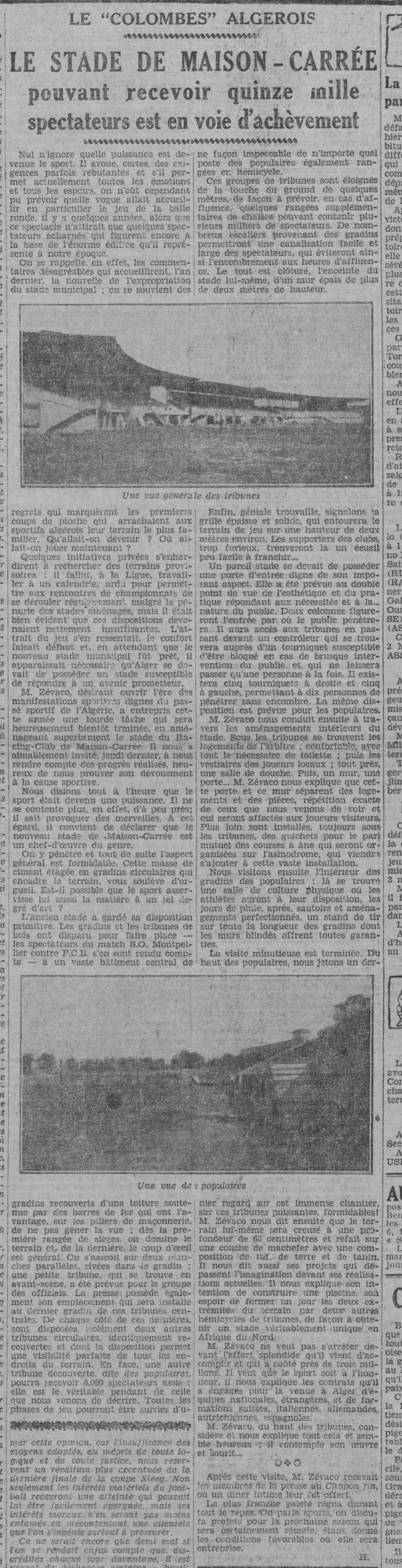 Le Nouveau Stade de  maison carrée bientôt achevé (23.12.1929 Echo d'Alger)