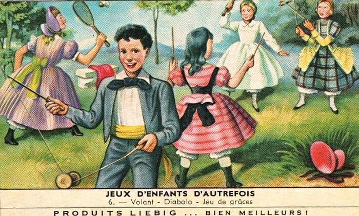 Jeux d’enfants d’autrefois. 6 : Volant – Diabolo – Jeu de Graces (chromo publicitaire Liebig. 1961/1962).