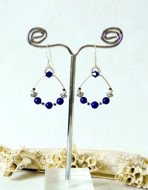 Boucles anneaux bleues Pierre de lapis lazuli naturel et cristal de Swarovski / Argent 925