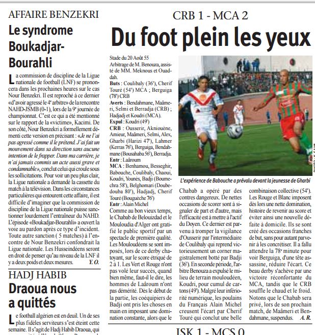 Samedi 1.11.2008 au 20 Août CRB-MCA 1-2