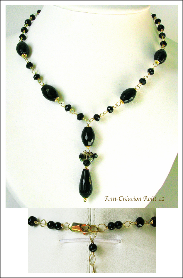 Collier Onyx Noire, Cristal de Swarovski / Plaqué Or 14 Kt Gold Filled