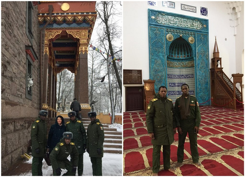 visite des lieux de culte de Saint Petersbourg par des élèves officiers guinéens de l'université spéciale de logistique militaire