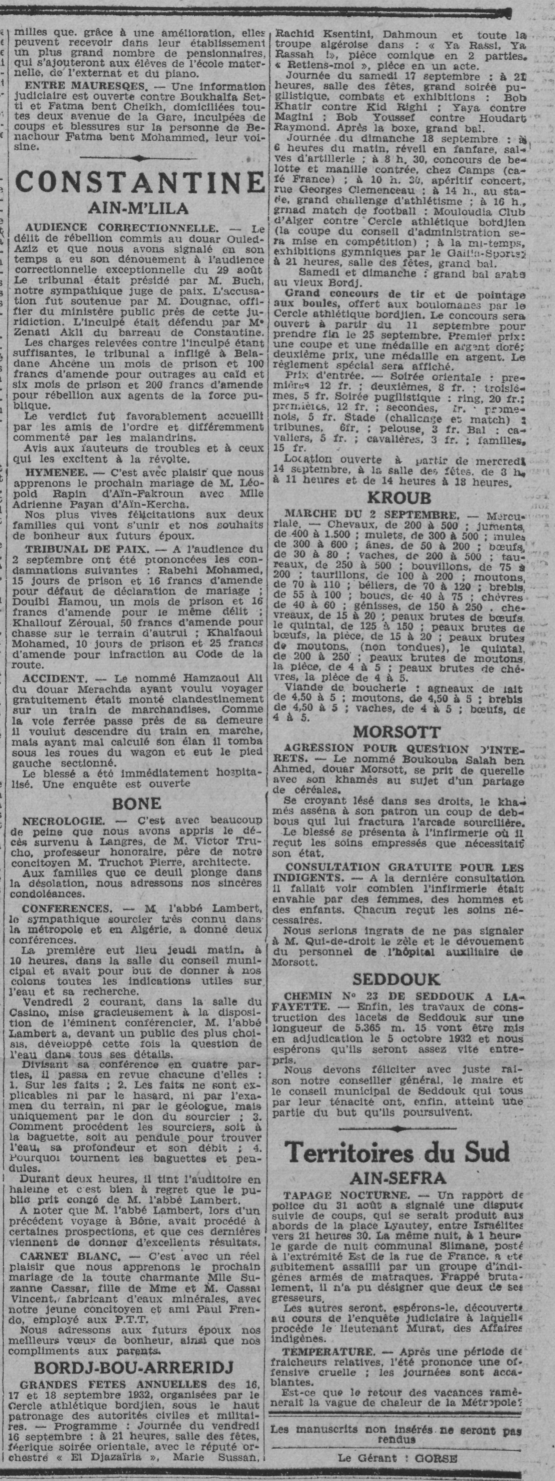 Dimanche 18.9.1932 à Bordj Bou Arrèridj Amical CAB (Cercle Athlétique Bordjien)-MCA