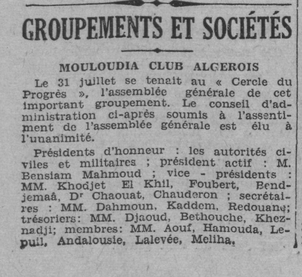 Dimanche 31.7.1932 Election du Bureau, Bensiam Mahmoud président