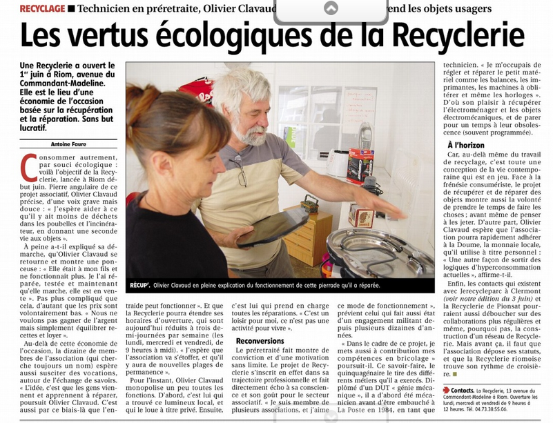 Ouverture d'une recyclerie à Riom !