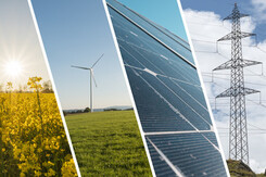 Ökologische Energie Hintergrund mit Solarpanel, Windmühle, Rapsfeld und Strommasten - Nachhaltige Energie Collage