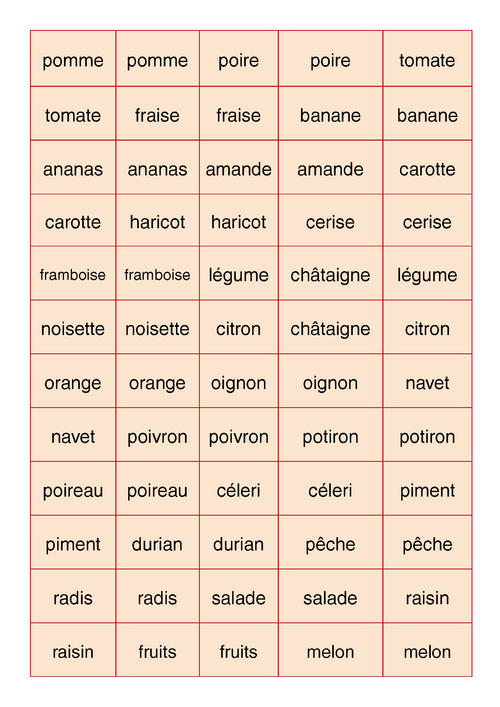 Mots identiques theme fruitscv   et légumes