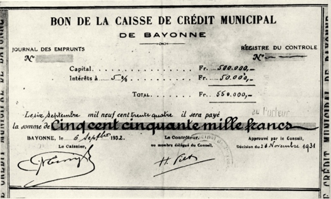 Bon de la Caisse du Crédit municipal de Bayonne émis en 1931 et payable en 1934