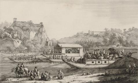 Gravure montrant une flottille de barques remontant la Saône. La plus grande est bâchée d'un dais.