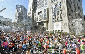 season cherry blossoms runners running 