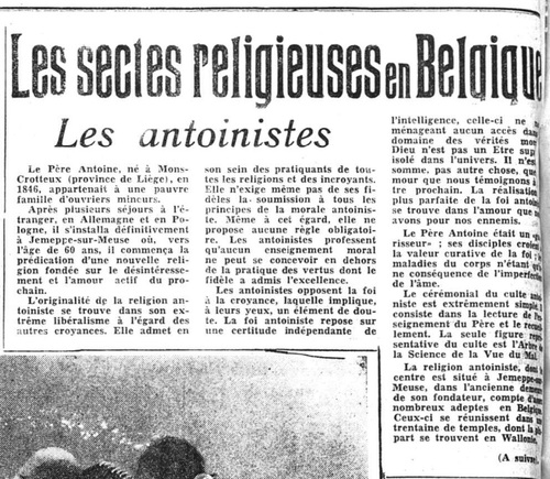 Les sectes religieuses en Belgique (La Lanterne, 16 mai 1950)(Belgicapress)