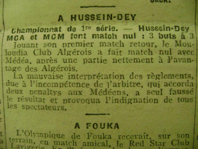 Dimanche 25.11.1923 à Hussein Dey MC Médéa-MCA 3-3