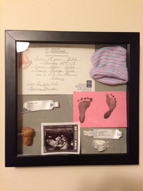 Shadow box for babies nursery room. Babies hospital hat, footprints, and ultrasound pic. Also included hospital bracelets from mom, dad, and baby as well as the celebratory champagne cork.: 