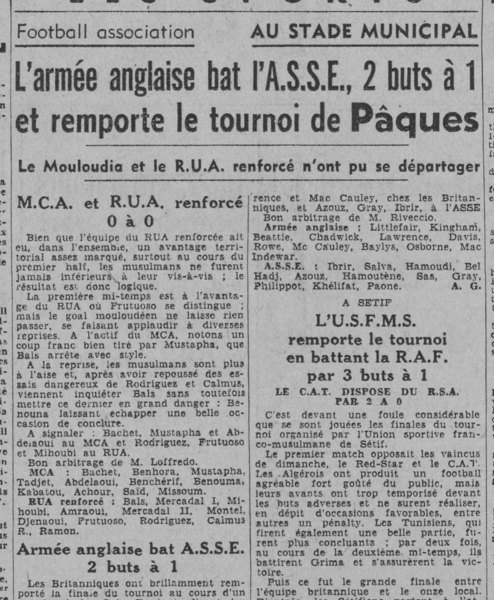 Lundi 10.4.1944 au Municipal Tournoi MCA-RUA 0-0