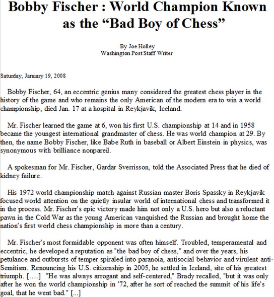 the chess match between Bobby Fischer and Boris Spassky in 1972