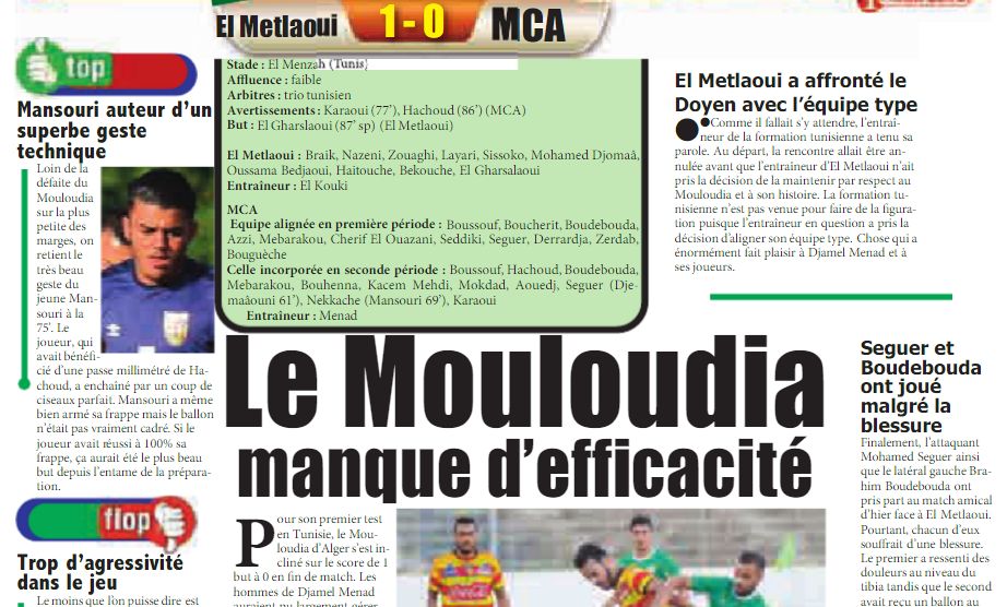 Dimanche 7.8.2016 (jour des 95 ans du club) au stade El Minzah Tunis ES Metlaoui (D1 Tun)-MCA 1-0