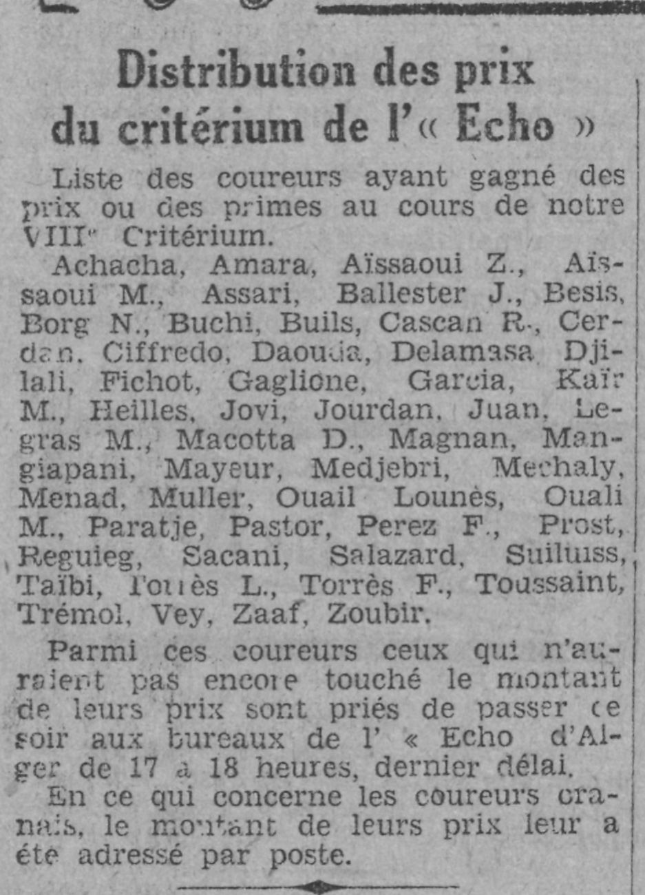 Dimanche 7.6..1931 Cyclisme MCA au  Critérium de l'Echo d'Alger les prix