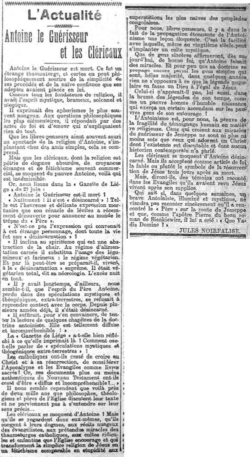 Jules Noirfalise - Antoine le Guérisseur et les Cléricaux (Journal de Charleroi, 5 juillet 1912)(Belgicapress)