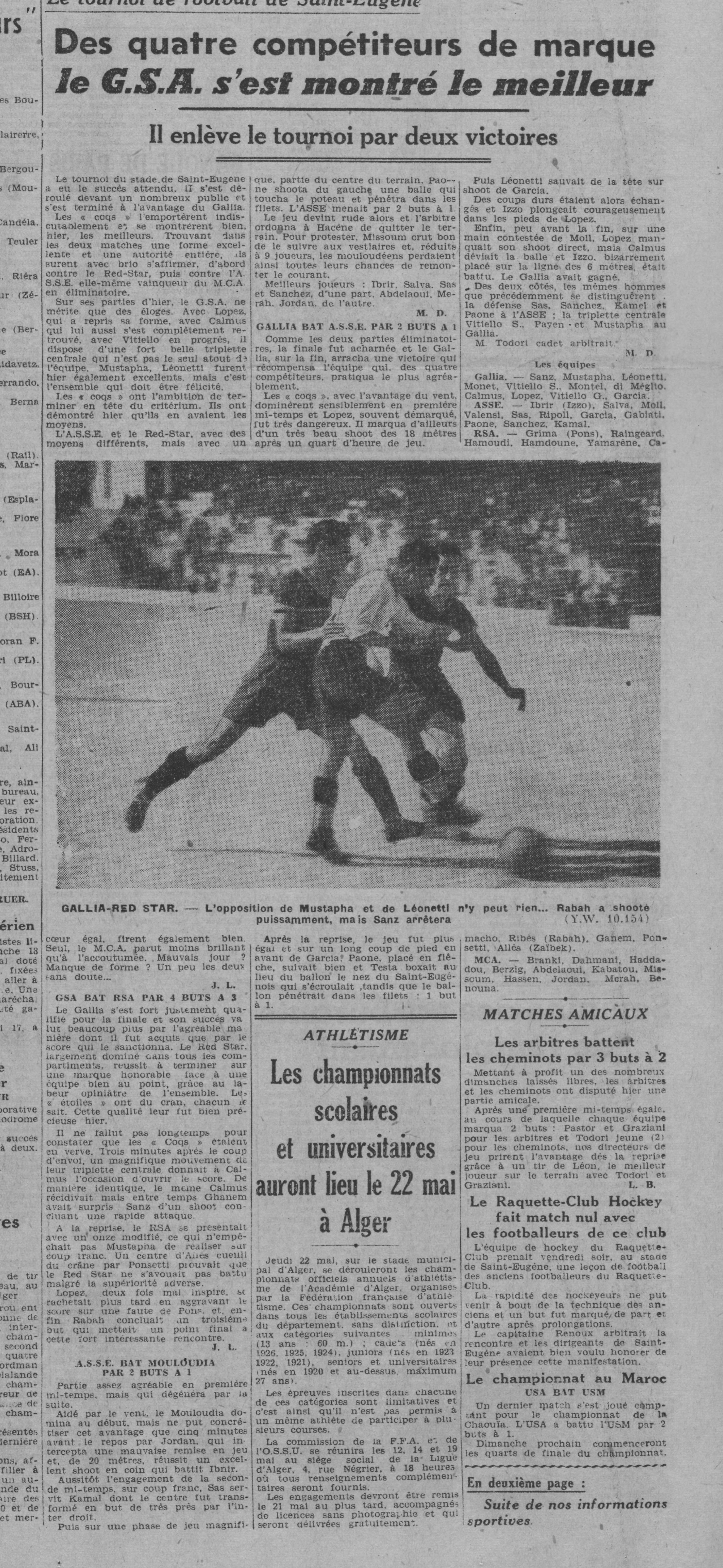 Dimanche 11.5.1941 à St Eugène Tournoi ASSE-MCA 2-1