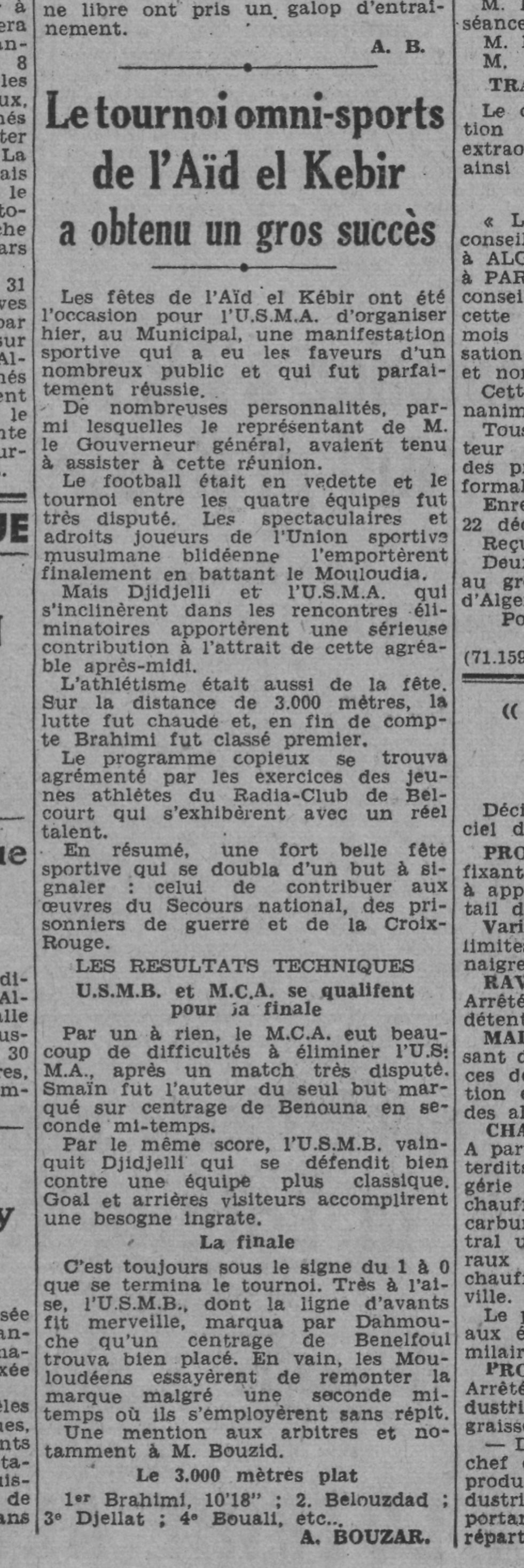 Lundi 29 et Mardi 30.12.1941 tournoi de l'Aid el Kebir le MCA bat l'USMA et perd face à l'USMB