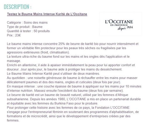 baume mains intense karité 150ml "L'OCCITANE"