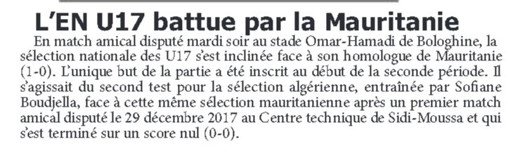 Janvier 2018 EN U17-Mauritanie un Nul et une défaite à Alger