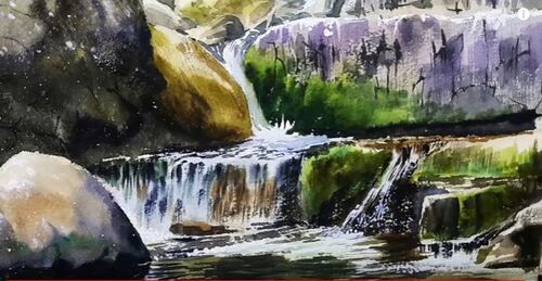 Dessin et peinture - vidéo 2963 : Comment peindre cascade et torrent de montagne ? - aquarelle.