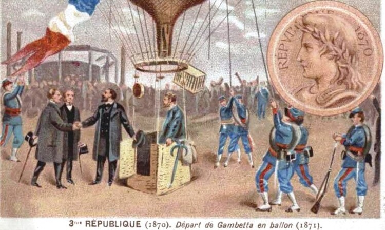 Troisième République-1870. Départ de Gambetta en ballon-1871 (chromo Perles du Japon, rue Antoine Chapu, à Paris).