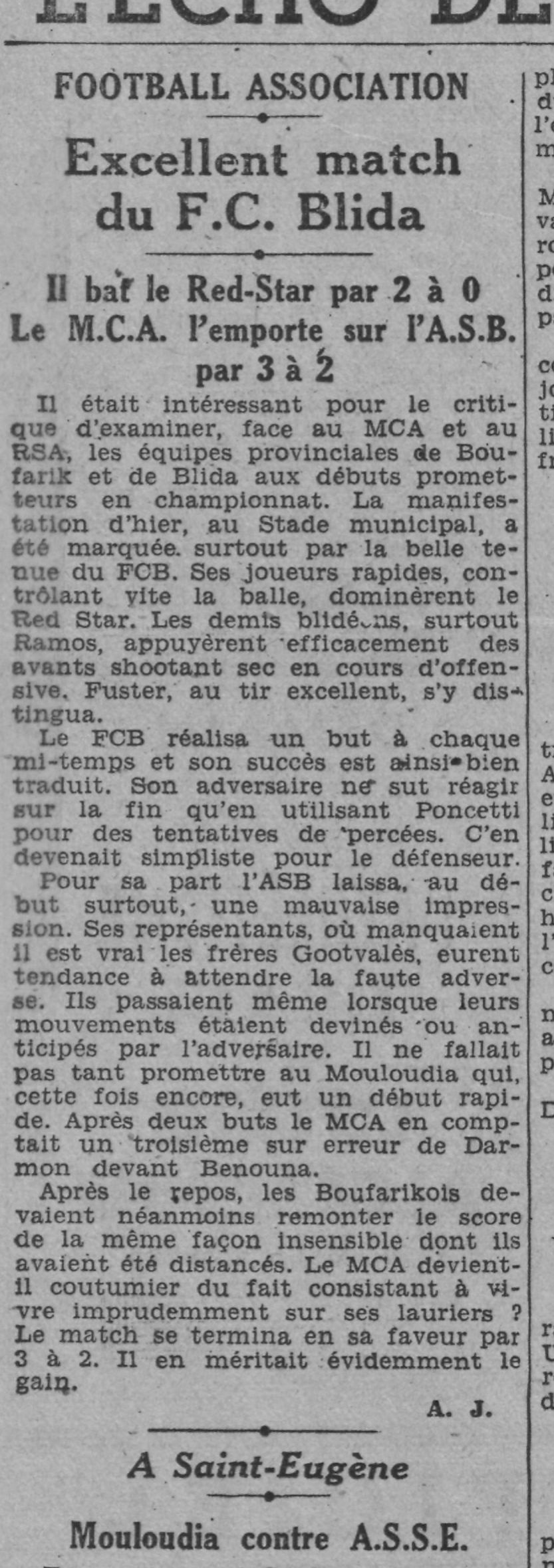 Vendredi 1.11.1940 Tournoi stade Municipal MCA-ASB 3-2