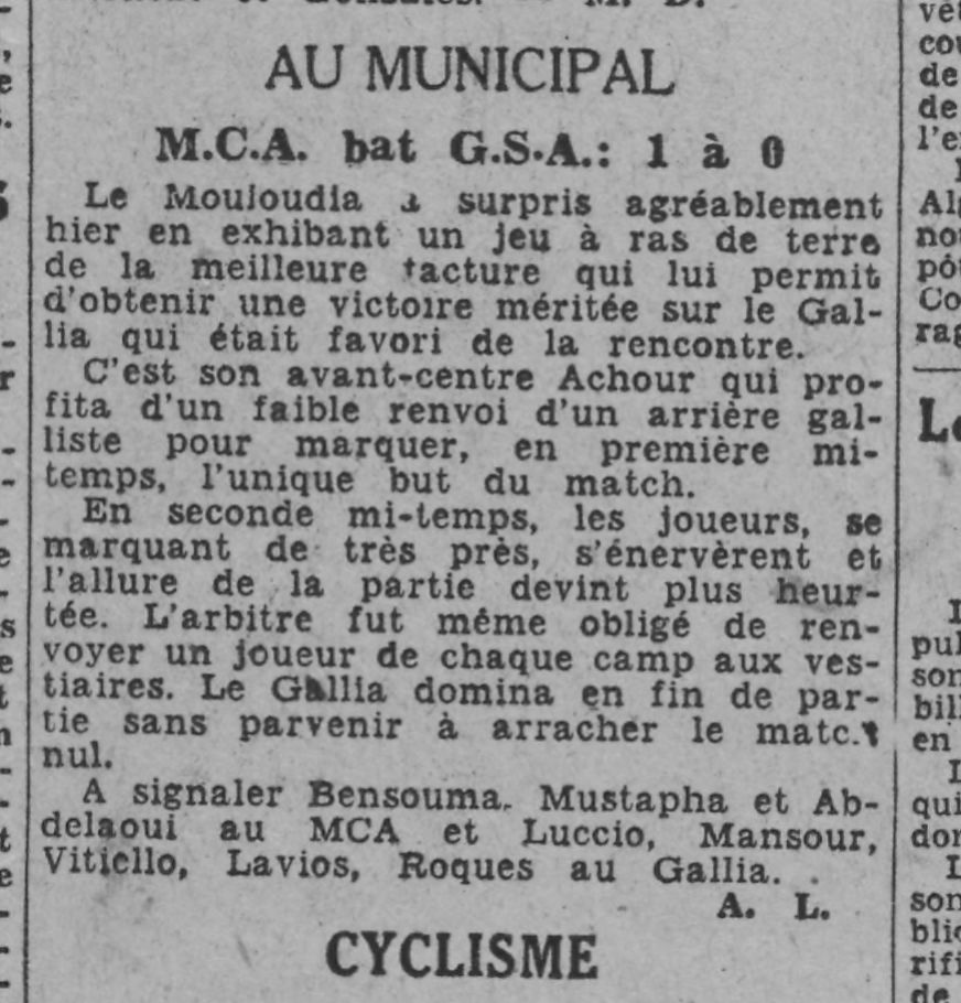 Dimanche 1.11.1943 au Municipal Tournoi de la Toussaint Finale GSA-MCA 0-1