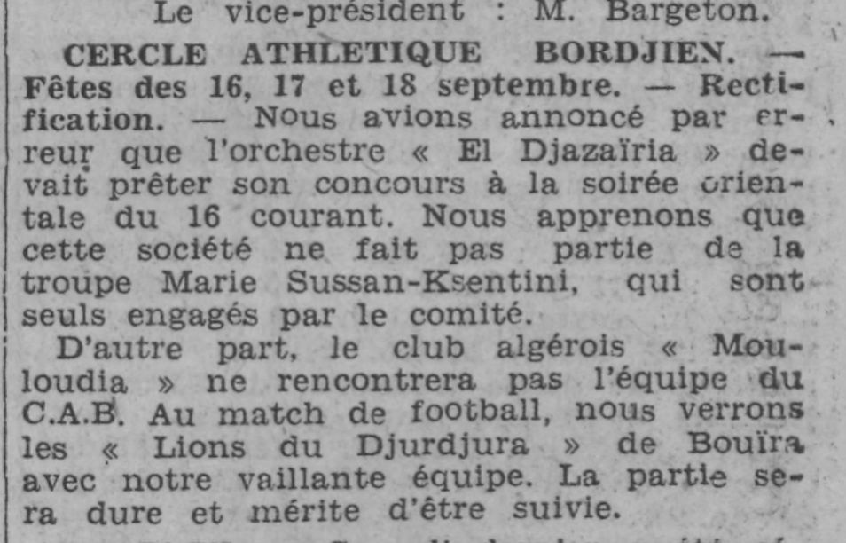 Dimanche 18.9.1932 Fête annuelle du Cercle Bordjien le MCA ranonce
