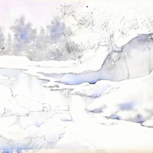 Dessin et peinture - vidéo 3390 : comment peindre un paysage sous la neige au bord d'un ruisseau ? - aquarelle.