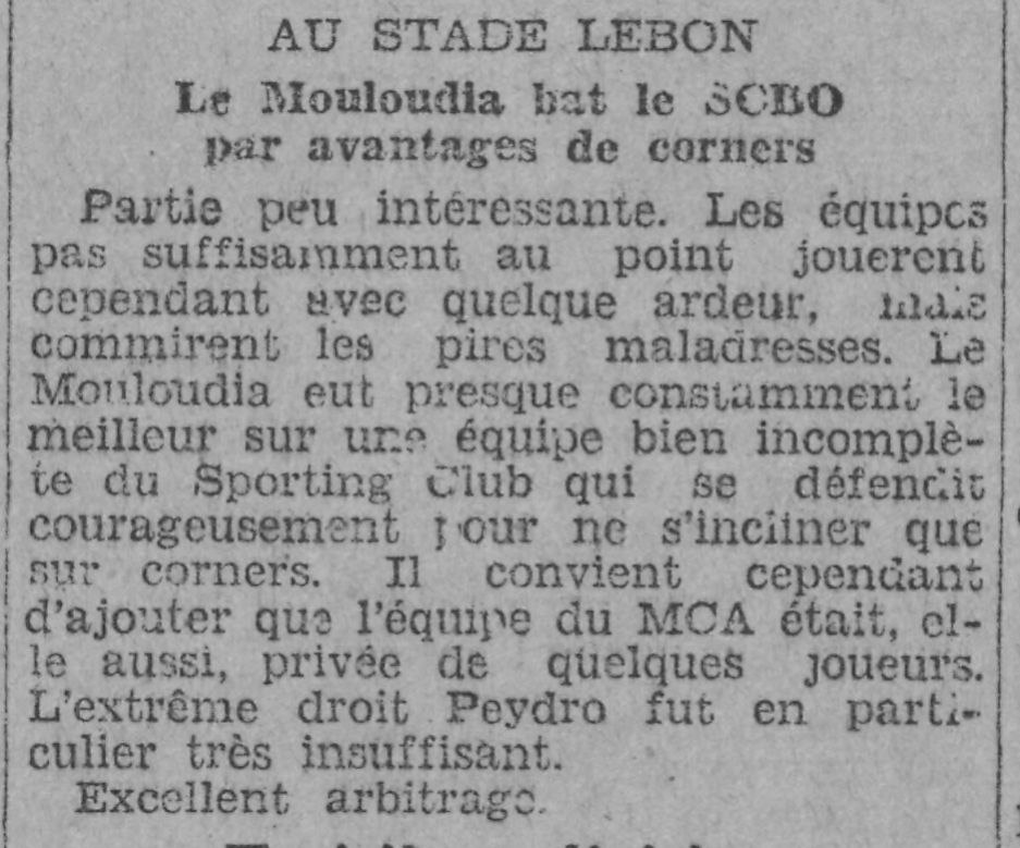 Dim 20.9.1931 Coupe municipalité au stade lebon MCA-SC Bab El Oued 0-0 (qualifié aux corners)
