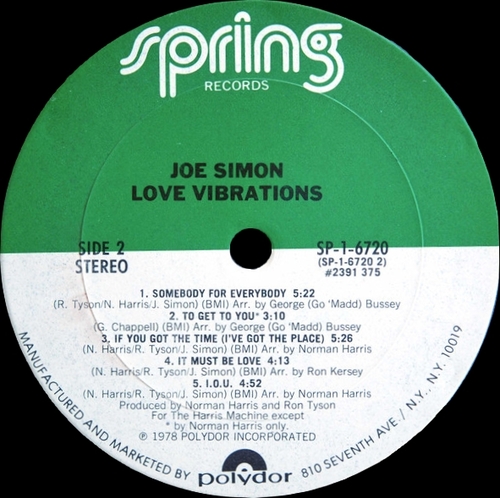 Joe Simon : Album " Love Vibrations " Spring Records SP-1-6720 [ US ]